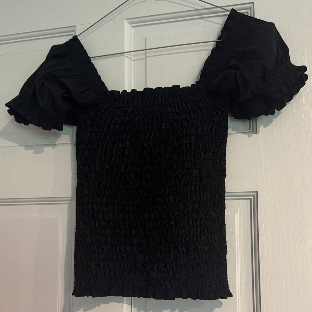 La Ligne Black Smocked Off-Shoulder Puff Sleeve Top size S